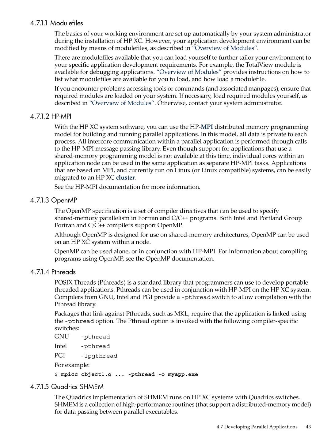 HP XC System 4.x Software manual Modulefiles, Hp-Mpi, OpenMP, Pthreads, Quadrics Shmem 
