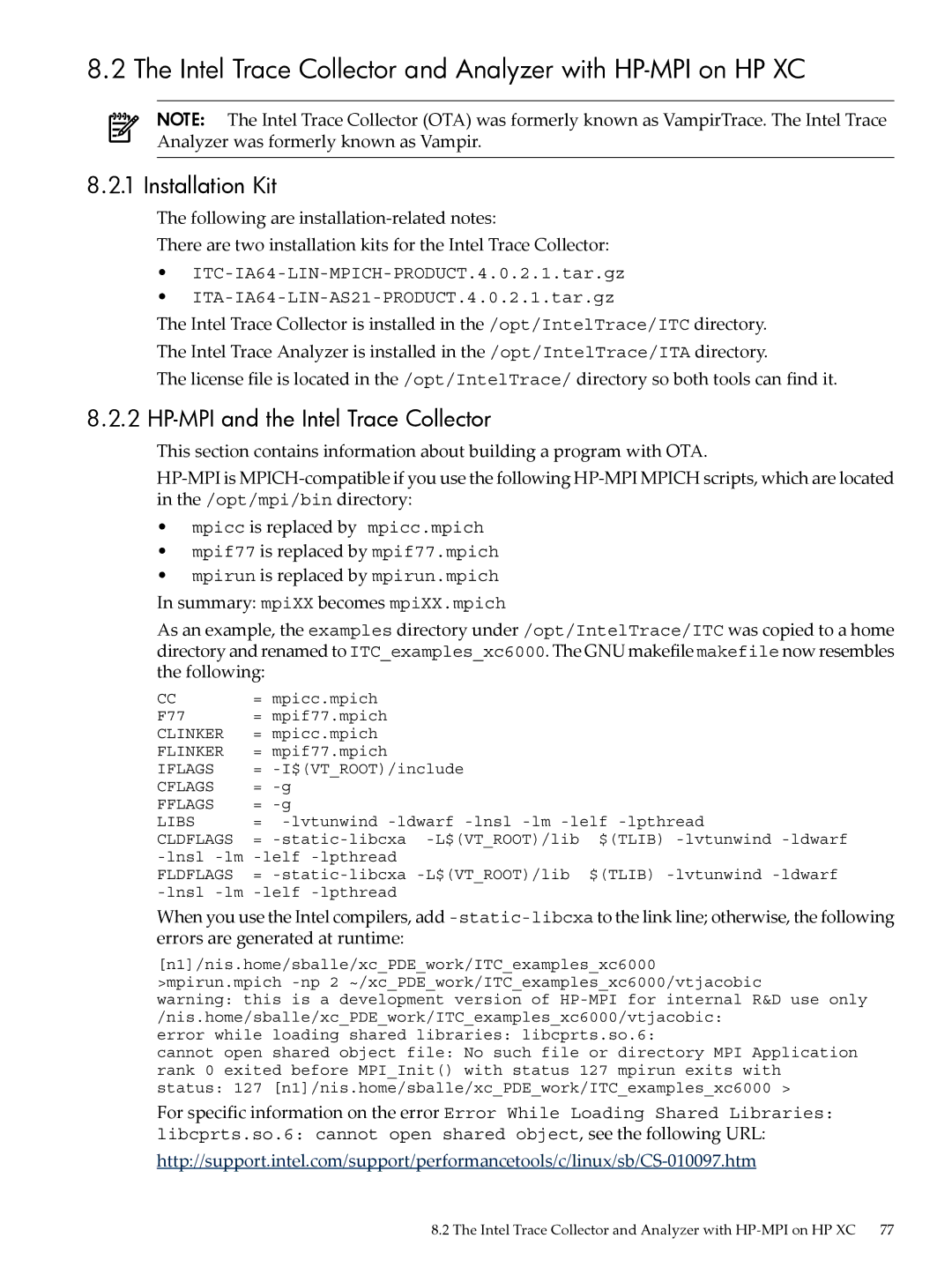 HP XC System 4.x Software manual Intel Trace Collector and Analyzer with HP-MPI on HP XC, Installation Kit 