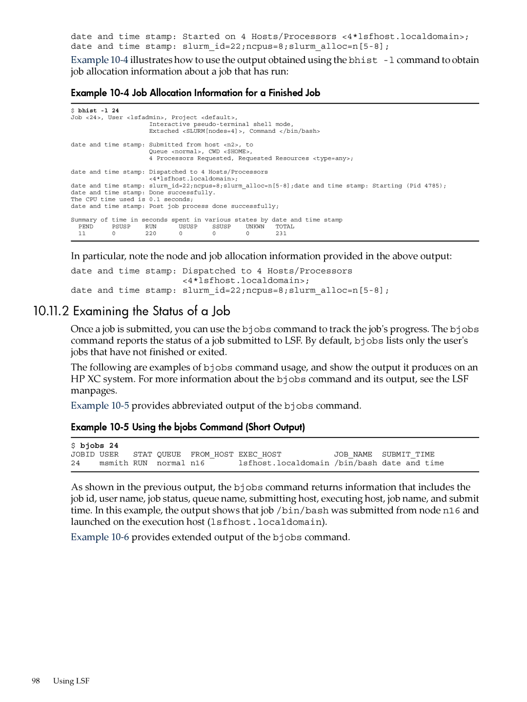 HP XC System 4.x Software manual Examining the Status of a Job, Example 10-4 Job Allocation Information for a Finished Job 