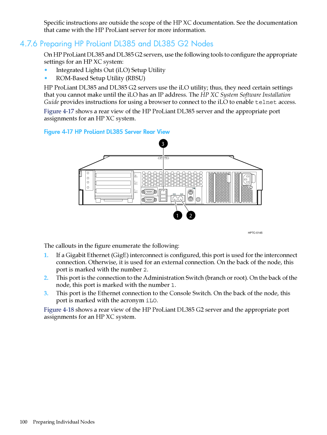 HP XC System Software 3.2.1 manual Preparing HP ProLiant DL385 and DL385 G2 Nodes, HP ProLiant DL385 Server Rear View 