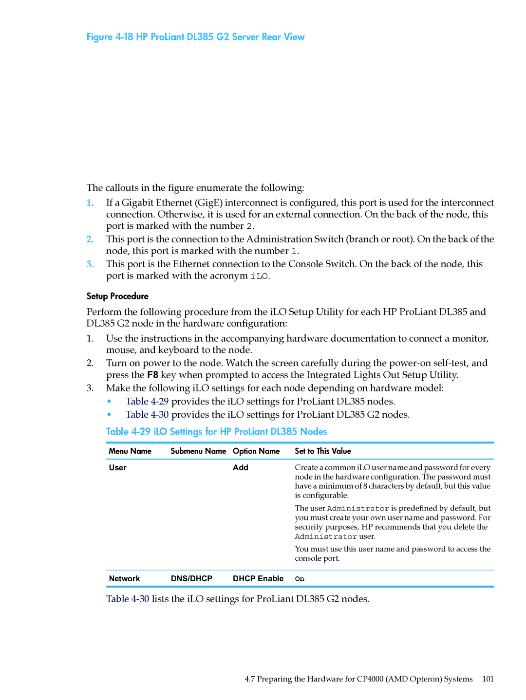 HP XC System Software 3.2.1 manual HP ProLiant DL385 G2 Server Rear View, iLO Settings for HP ProLiant DL385 Nodes 