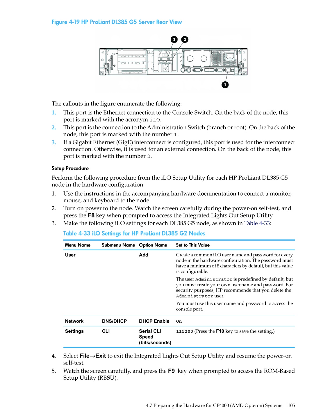 HP XC System Software 3.2.1 manual HP ProLiant DL385 G5 Server Rear View, iLO Settings for HP ProLiant DL385 G2 Nodes 