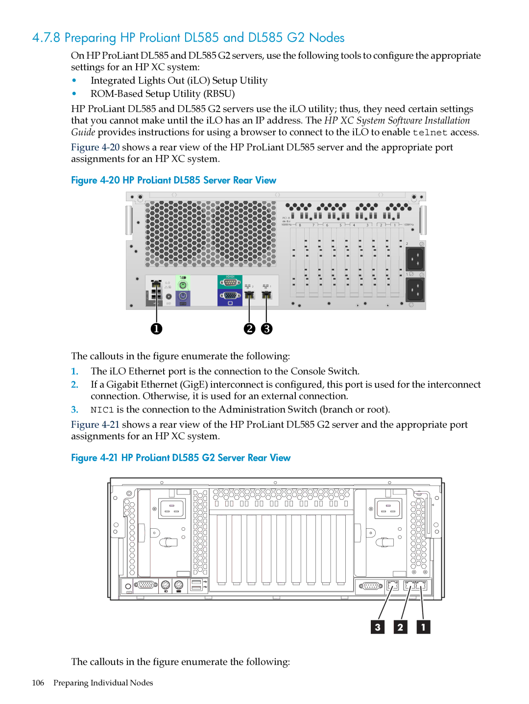 HP XC System Software 3.2.1 manual Preparing HP ProLiant DL585 and DL585 G2 Nodes, HP ProLiant DL585 Server Rear View 