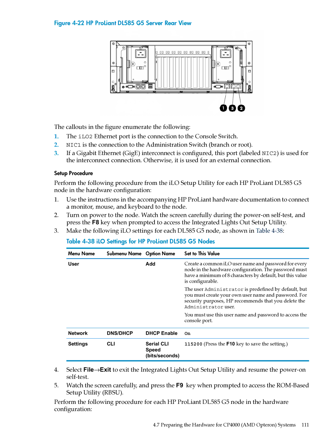 HP XC System Software 3.2.1 manual HP ProLiant DL585 G5 Server Rear View, iLO Settings for HP ProLiant DL585 G5 Nodes 