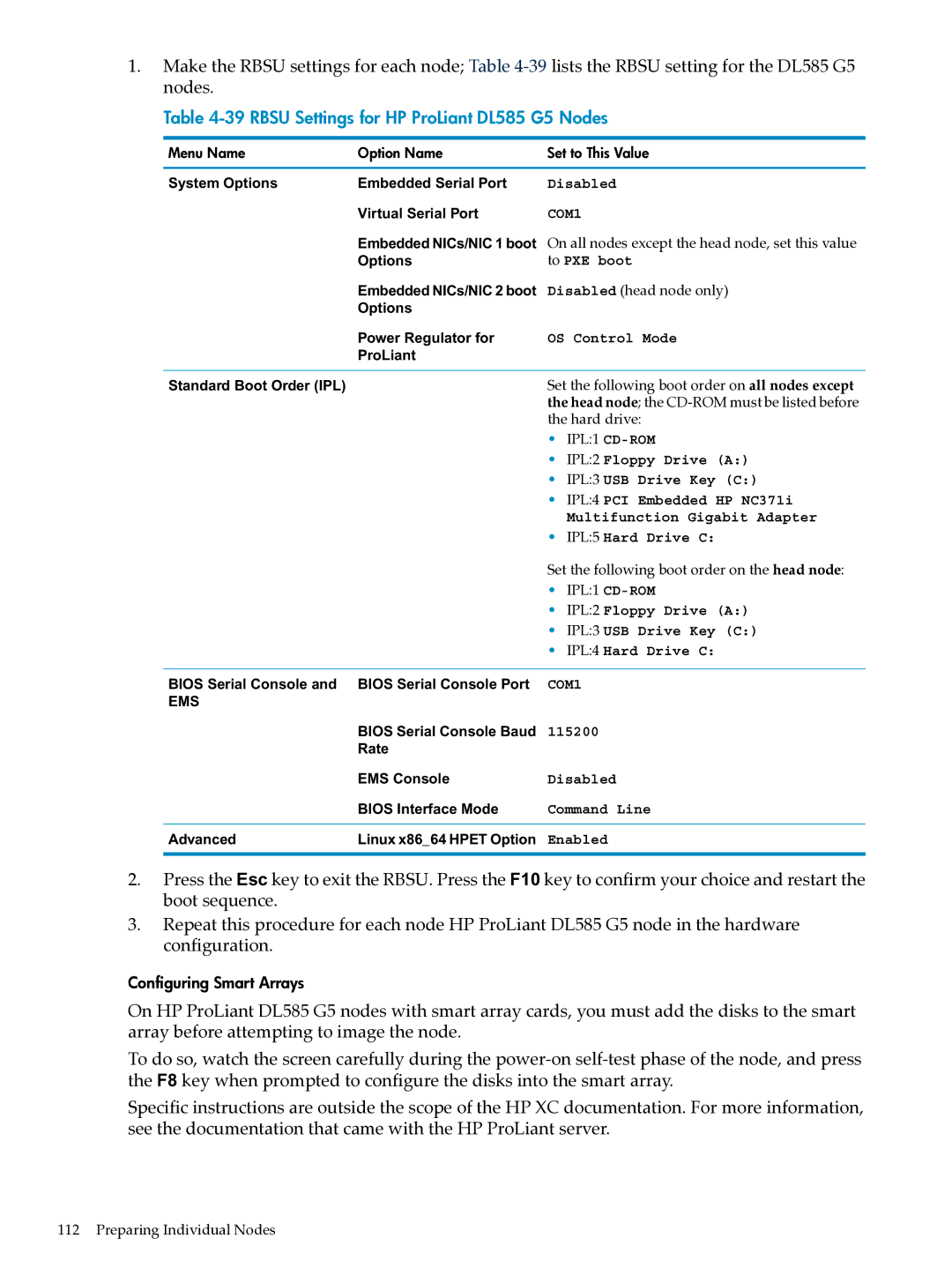 HP XC System Software 3.2.1 manual Rbsu Settings for HP ProLiant DL585 G5 Nodes, Disabled head node only 