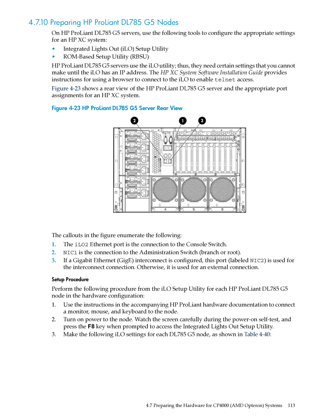 HP XC System Software 3.2.1 manual Preparing HP ProLiant DL785 G5 Nodes, HP ProLiant DL785 G5 Server Rear View 