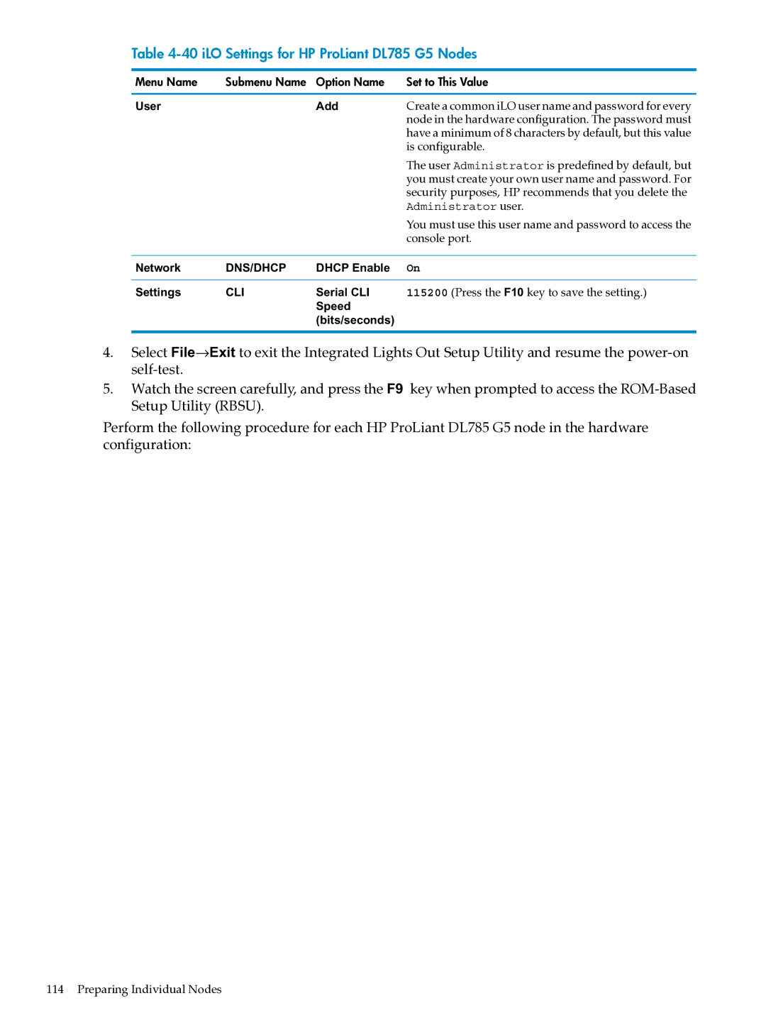 HP XC System Software 3.2.1 manual iLO Settings for HP ProLiant DL785 G5 Nodes, Is configurable 