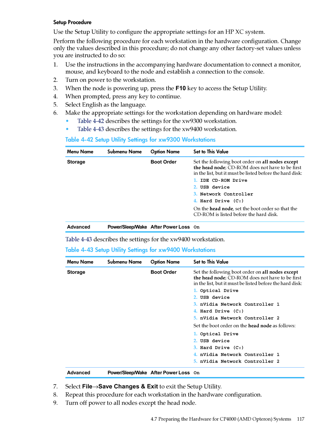 HP XC System Software 3.2.1 Setup Utility Settings for xw9300 Workstations, Setup Utility Settings for xw9400 Workstations 