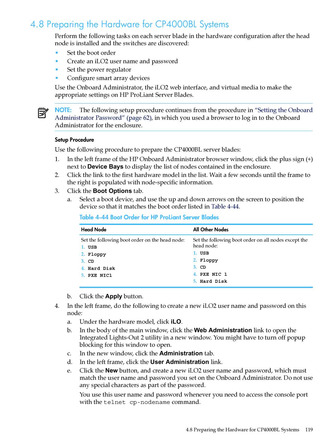 HP XC System Software 3.2.1 manual Preparing the Hardware for CP4000BL Systems, Boot Order for HP ProLiant Server Blades 