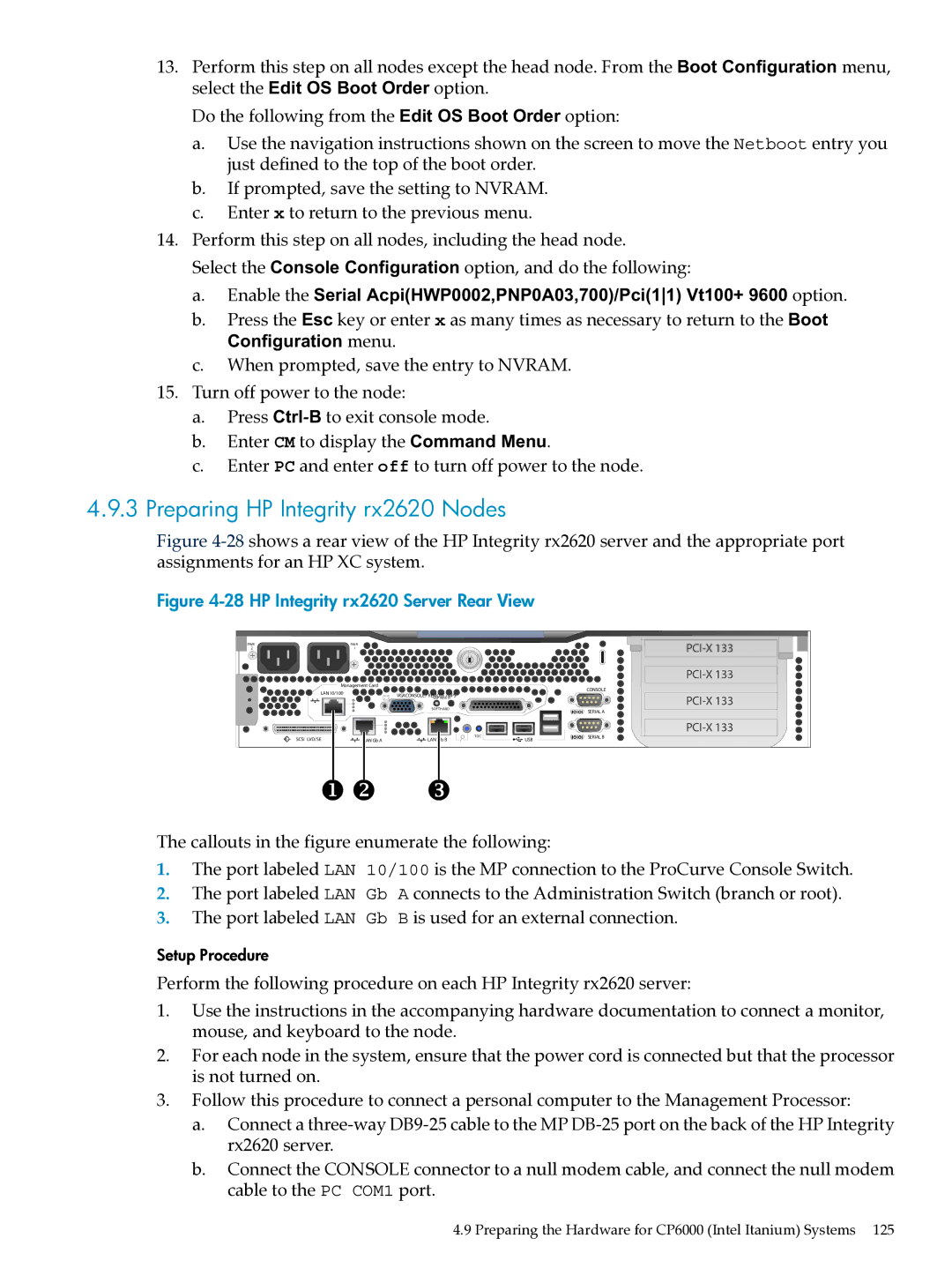 HP XC System Software 3.2.1 manual Preparing HP Integrity rx2620 Nodes, HP Integrity rx2620 Server Rear View 