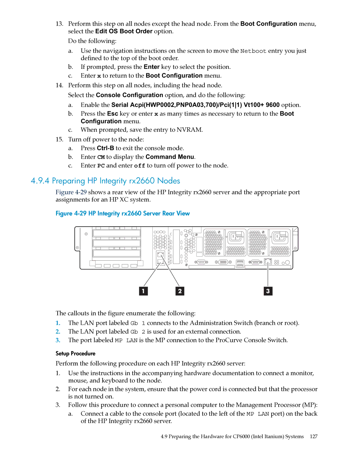 HP XC System Software 3.2.1 manual Preparing HP Integrity rx2660 Nodes, HP Integrity rx2660 Server Rear View 