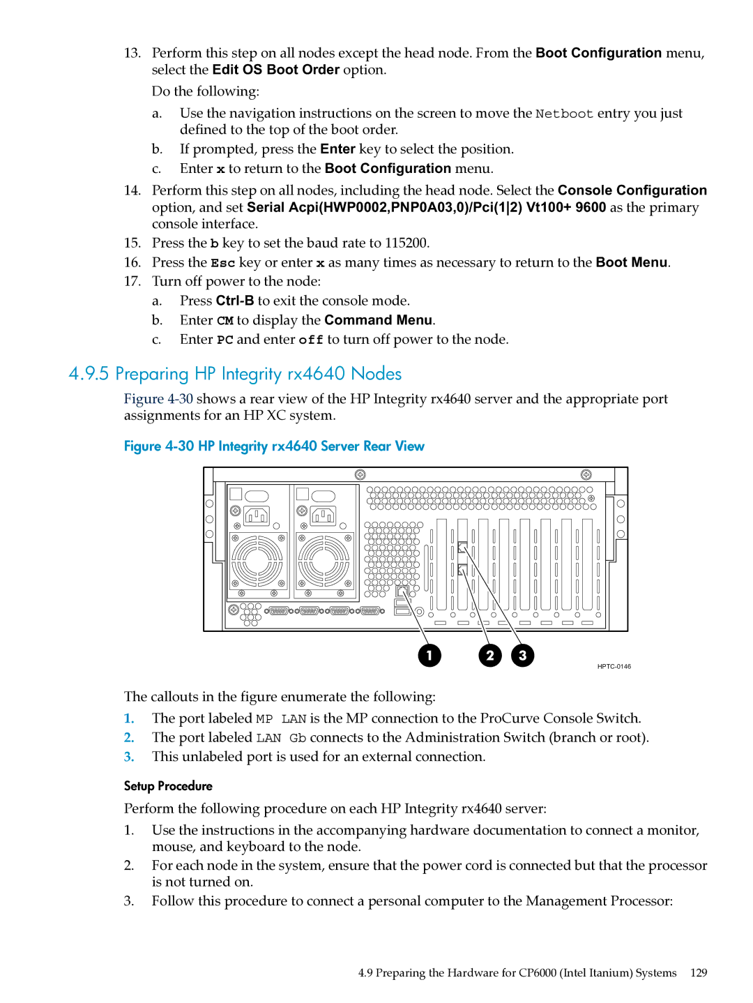 HP XC System Software 3.2.1 manual Preparing HP Integrity rx4640 Nodes, HP Integrity rx4640 Server Rear View 