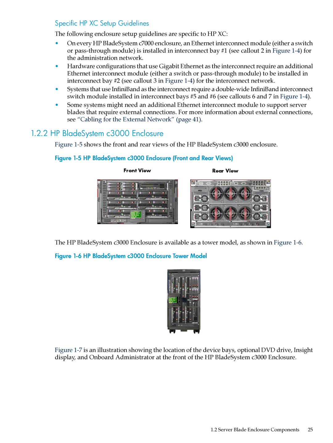 HP XC System Software 3.2.1 manual HP BladeSystem c3000 Enclosure Front and Rear Views 