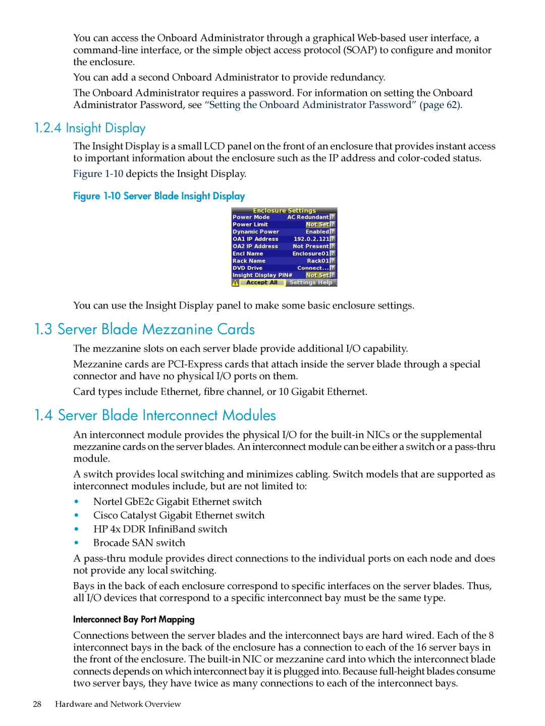 HP XC System Software 3.2.1 manual Server Blade Mezzanine Cards, Server Blade Interconnect Modules, Insight Display 