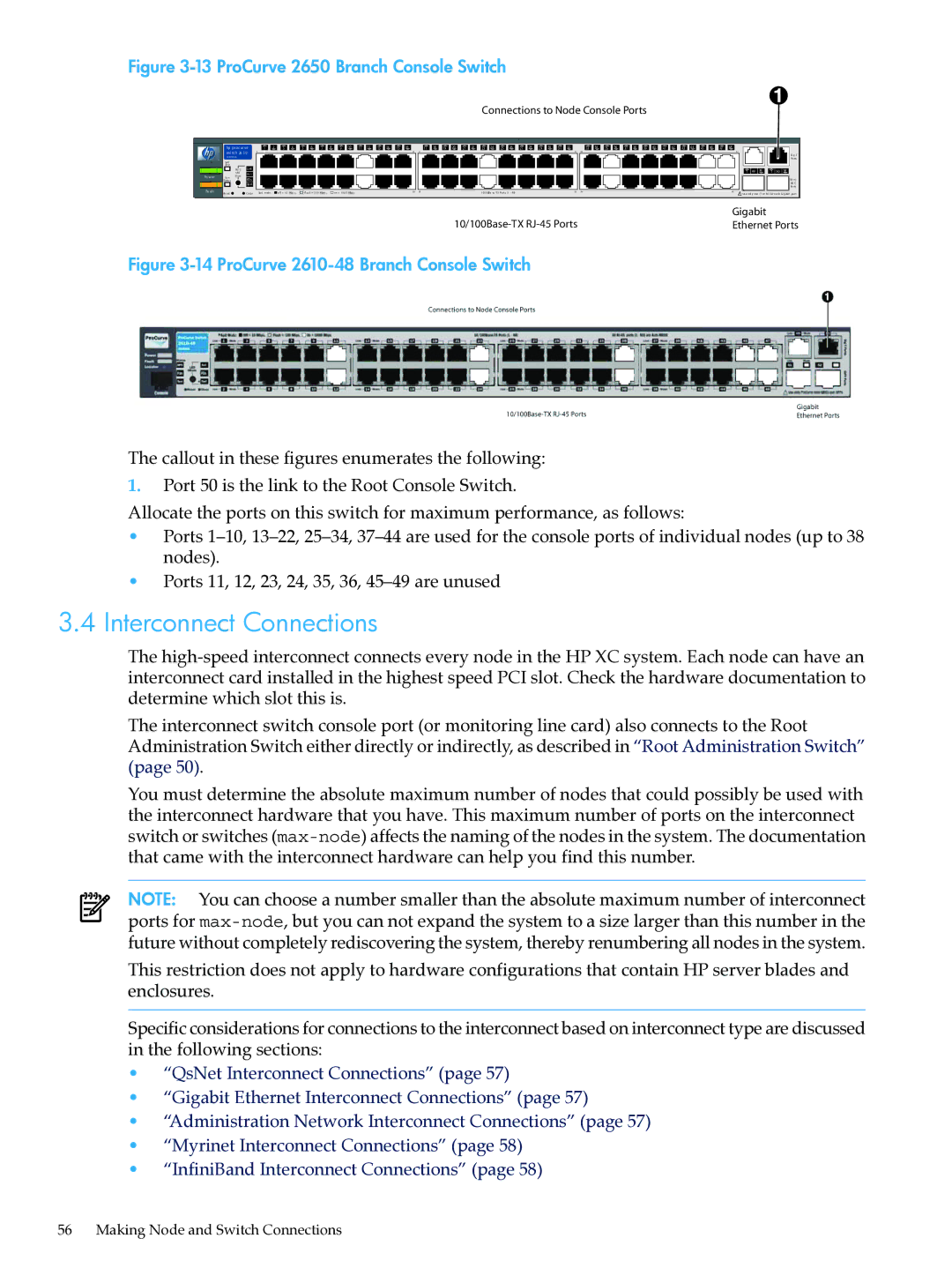 HP XC System Software 3.2.1 manual Interconnect Connections, ProCurve 2650 Branch Console Switch 