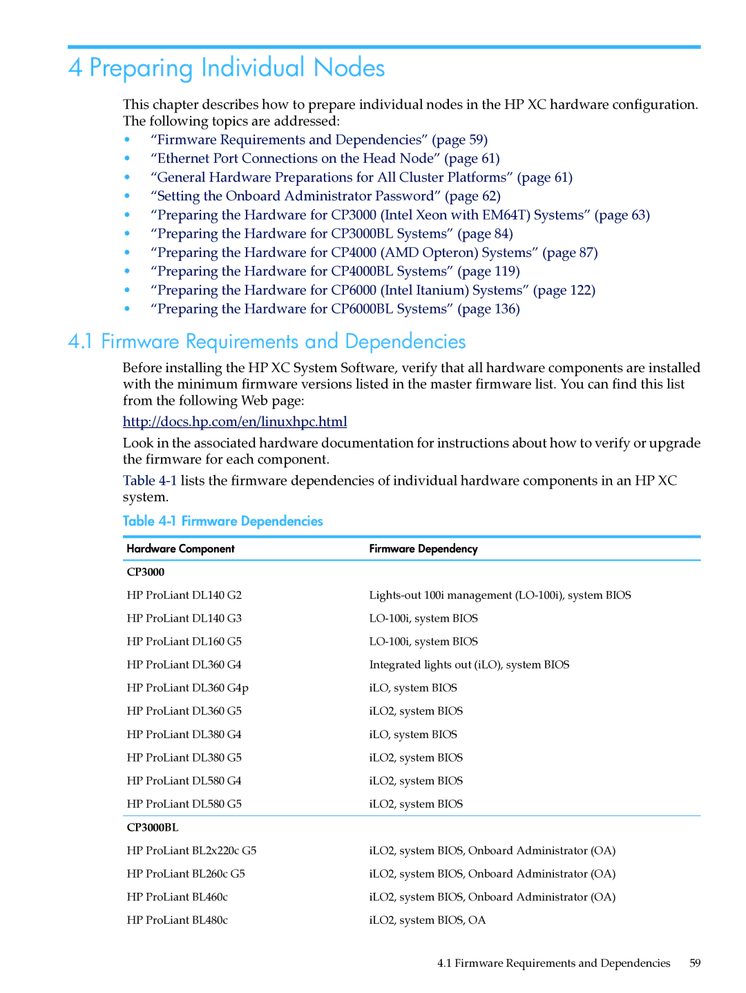 HP XC System Software 3.2.1 Preparing Individual Nodes, Firmware Requirements and Dependencies, Firmware Dependencies 