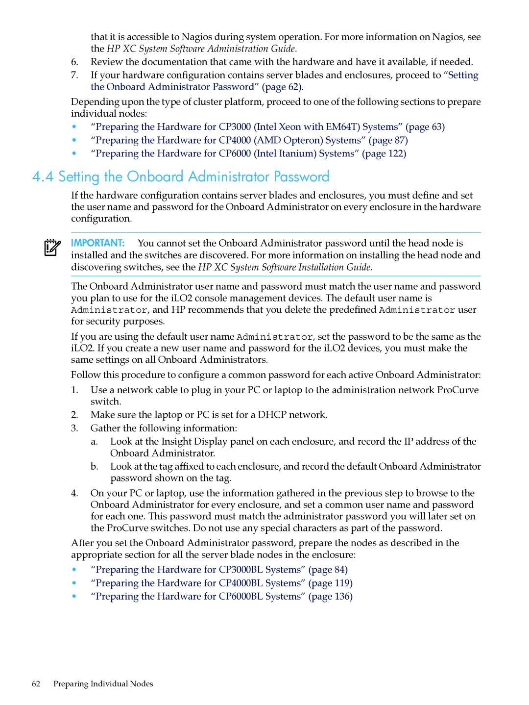 HP XC System Software 3.2.1 manual Setting the Onboard Administrator Password 