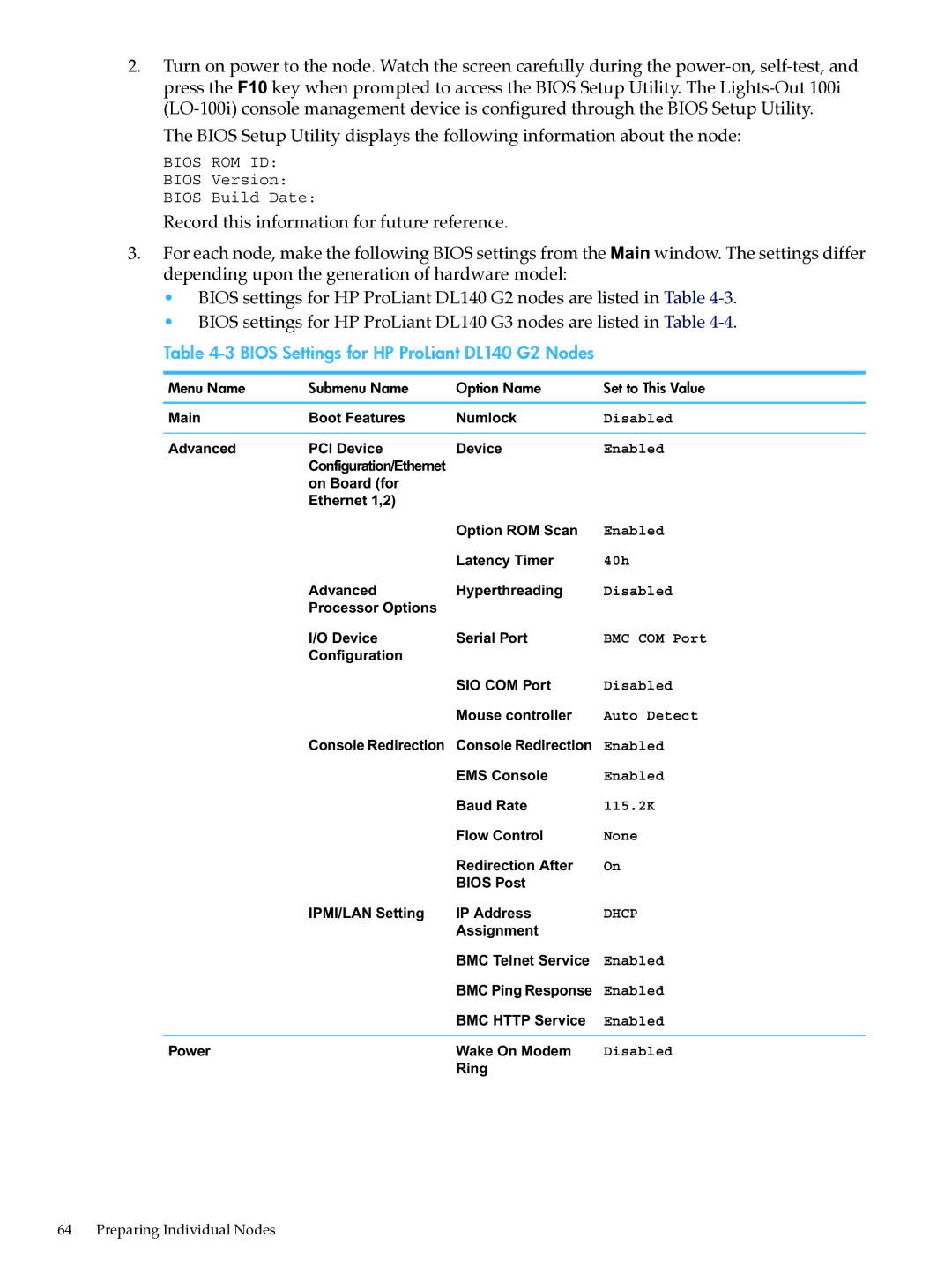 HP XC System Software 3.2.1 manual Bios Settings for HP ProLiant DL140 G2 Nodes 