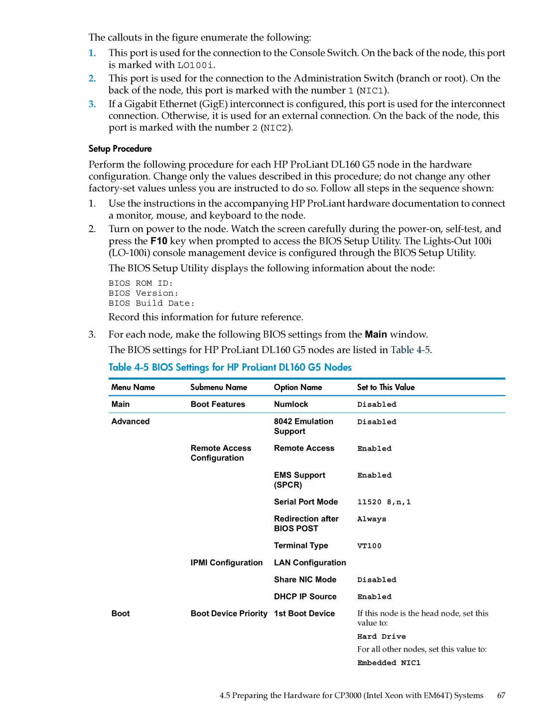 HP XC System Software 3.2.1 manual Bios Settings for HP ProLiant DL160 G5 Nodes, Value to 