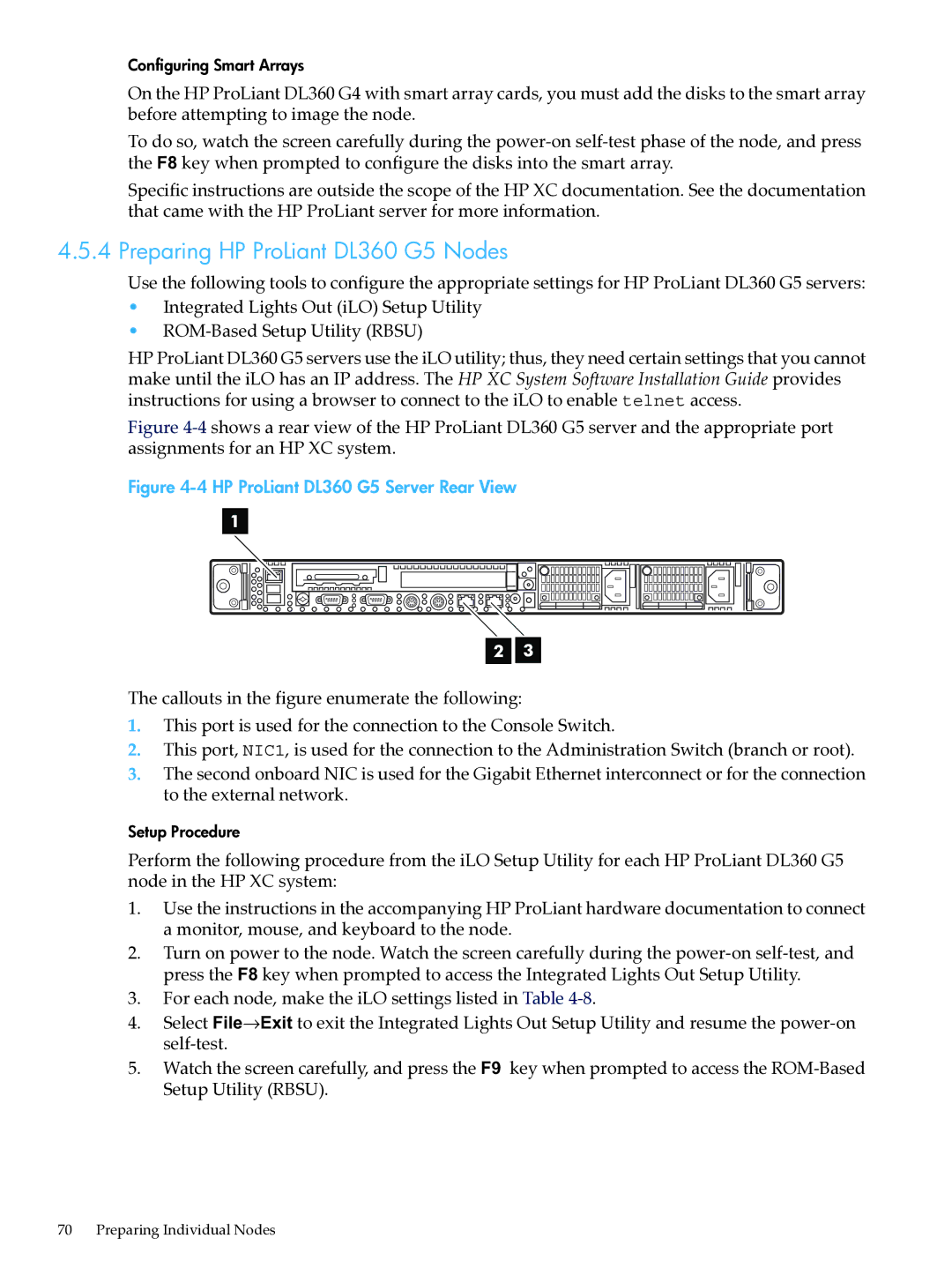 HP XC System Software 3.2.1 manual Preparing HP ProLiant DL360 G5 Nodes, HP ProLiant DL360 G5 Server Rear View 