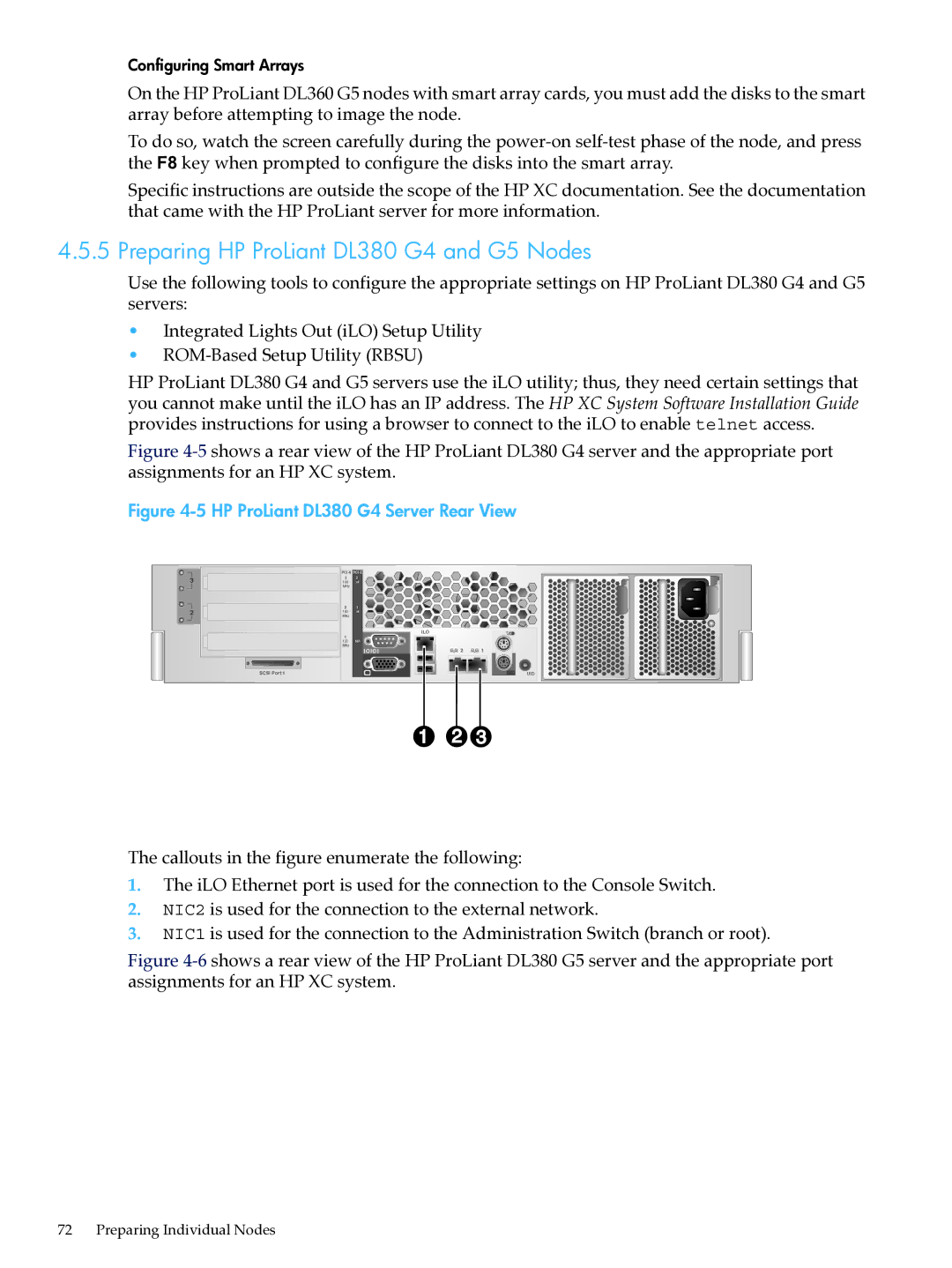 HP XC System Software 3.2.1 manual Preparing HP ProLiant DL380 G4 and G5 Nodes, HP ProLiant DL380 G4 Server Rear View 