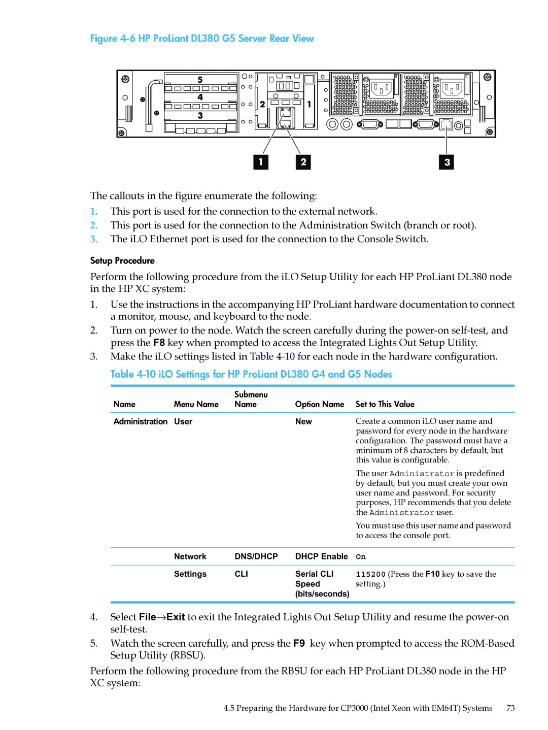 HP XC System Software 3.2.1 manual iLO Settings for HP ProLiant DL380 G4 and G5 Nodes 