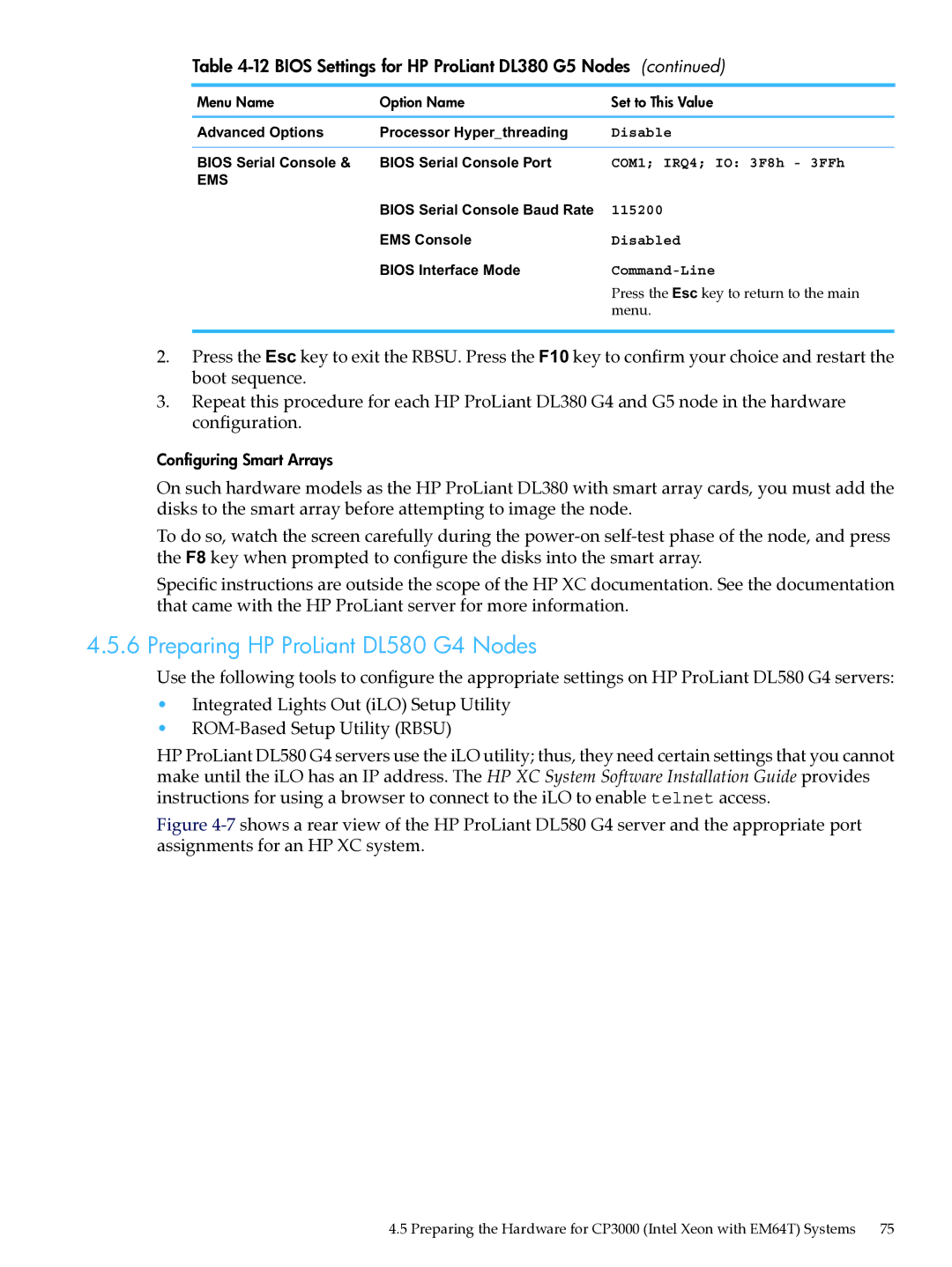 HP XC System Software 3.2.1 manual Preparing HP ProLiant DL580 G4 Nodes, Bios Settings for HP ProLiant DL380 G5 Nodes 