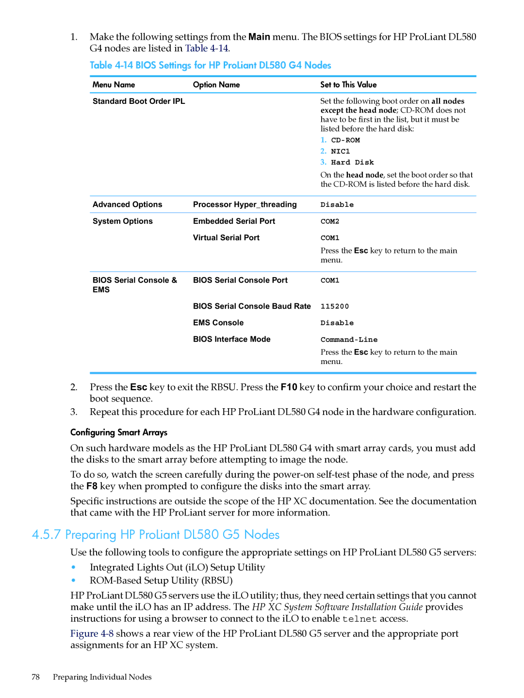 HP XC System Software 3.2.1 manual Preparing HP ProLiant DL580 G5 Nodes, Bios Settings for HP ProLiant DL580 G4 Nodes 