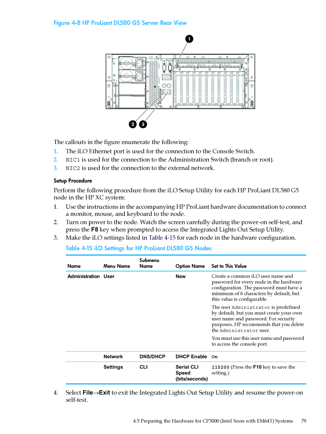 HP XC System Software 3.2.1 manual HP ProLiant DL580 G5 Server Rear View, iLO Settings for HP ProLiant DL580 G5 Nodes 