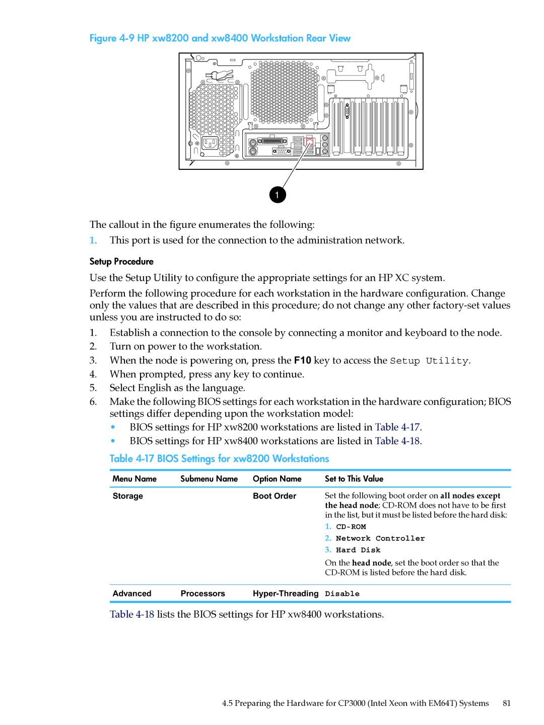 HP XC System Software 3.2.1 manual Bios Settings for xw8200 Workstations, Set the following boot order on all nodes except 