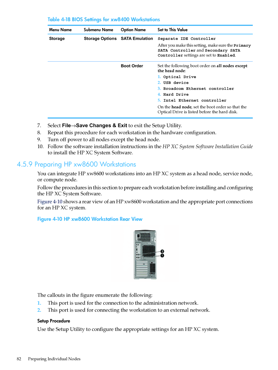 HP XC System Software 3.2.1 manual Preparing HP xw8600 Workstations, Bios Settings for xw8400 Workstations, Head node 