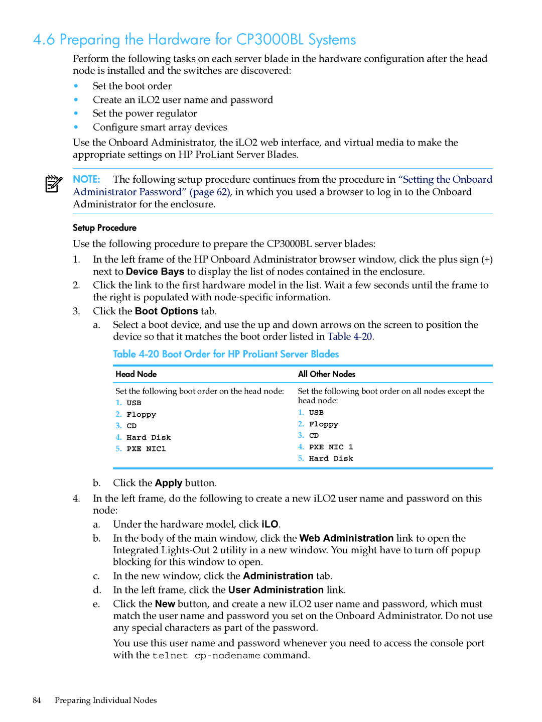 HP XC System Software 3.2.1 manual Preparing the Hardware for CP3000BL Systems, Boot Order for HP ProLiant Server Blades 