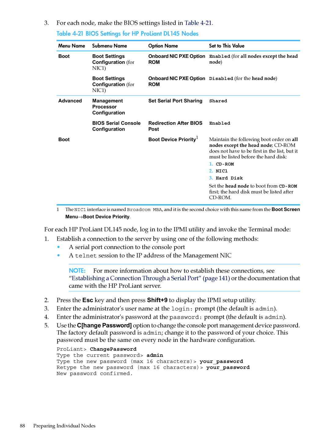 HP XC System Software 3.2.1 manual Bios Settings for HP ProLiant DL145 Nodes, Enabled for all nodes except the head 