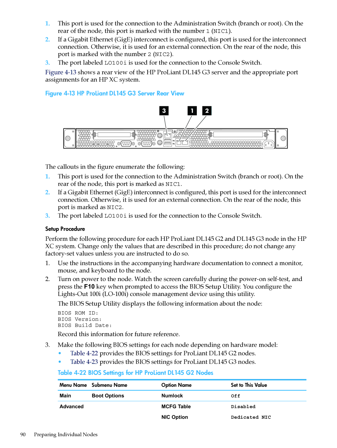 HP XC System Software 3.2.1 manual HP ProLiant DL145 G3 Server Rear View, Bios Settings for HP ProLiant DL145 G2 Nodes 