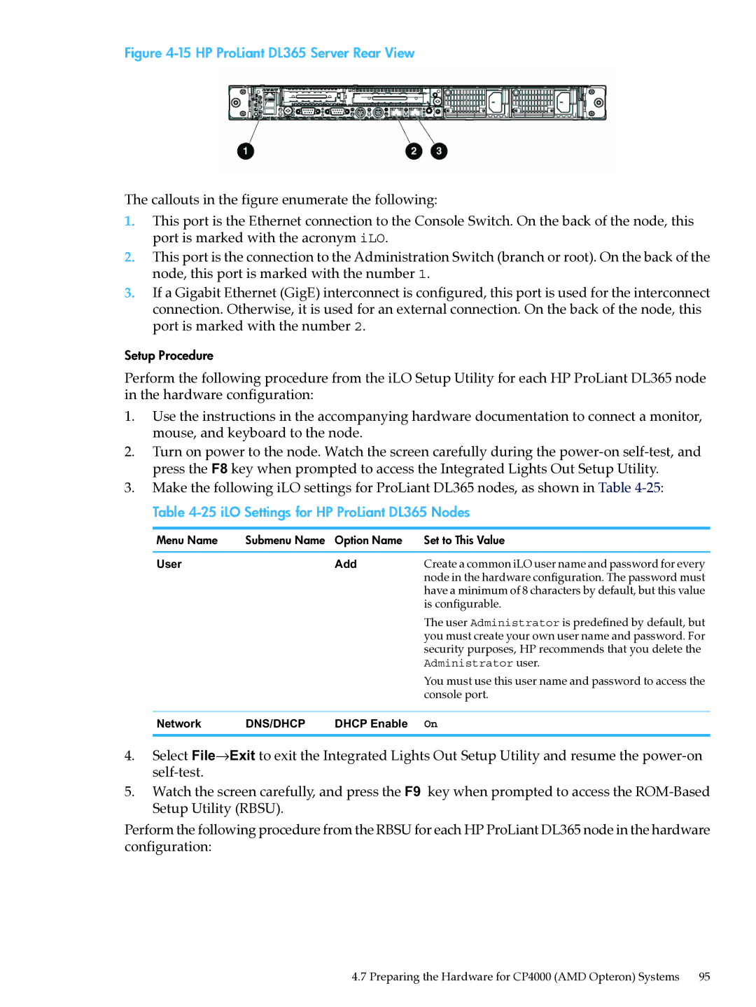 HP XC System Software 3.2.1 manual HP ProLiant DL365 Server Rear View, iLO Settings for HP ProLiant DL365 Nodes 