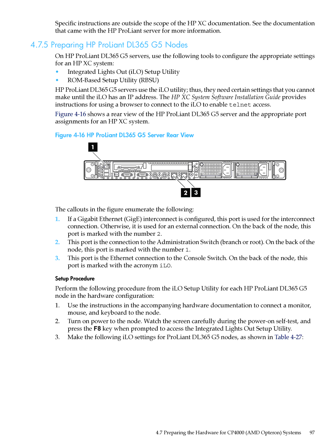 HP XC System Software 3.2.1 manual Preparing HP ProLiant DL365 G5 Nodes, HP ProLiant DL365 G5 Server Rear View 