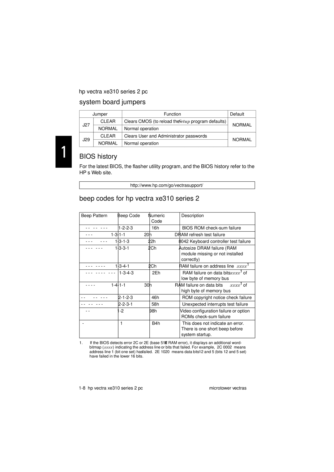 HP manual Hp vectra xe310 series 2 pc system board jumpers, Jumper Function Default J27, J29 