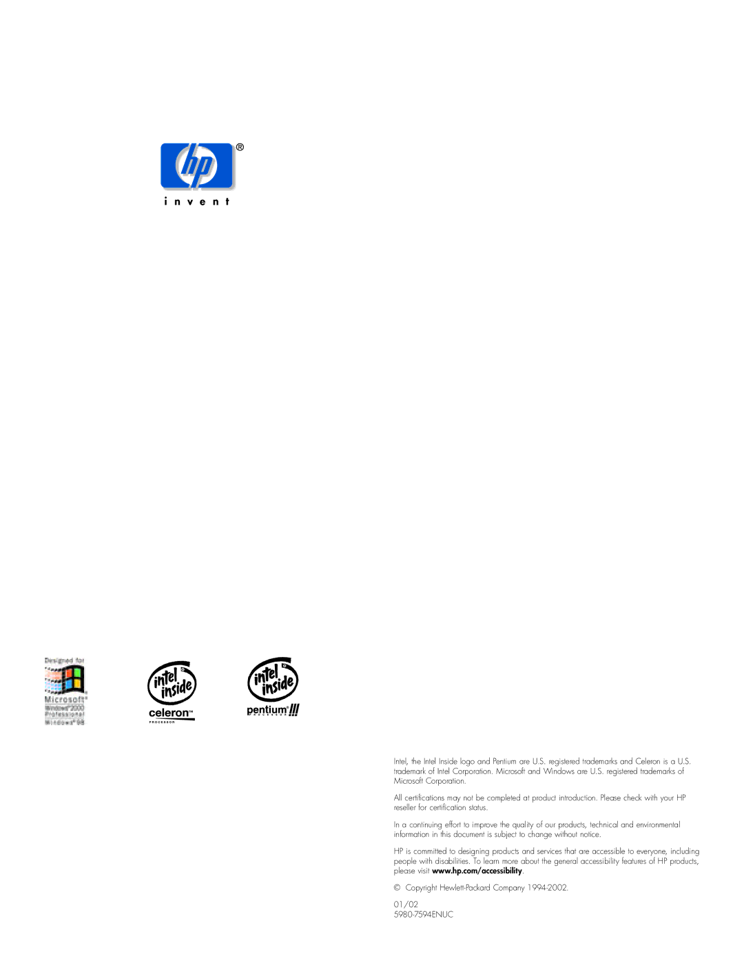 HP xe310 manual Copyright Hewlett-Packard Company 01/02 5980-7594ENUC 