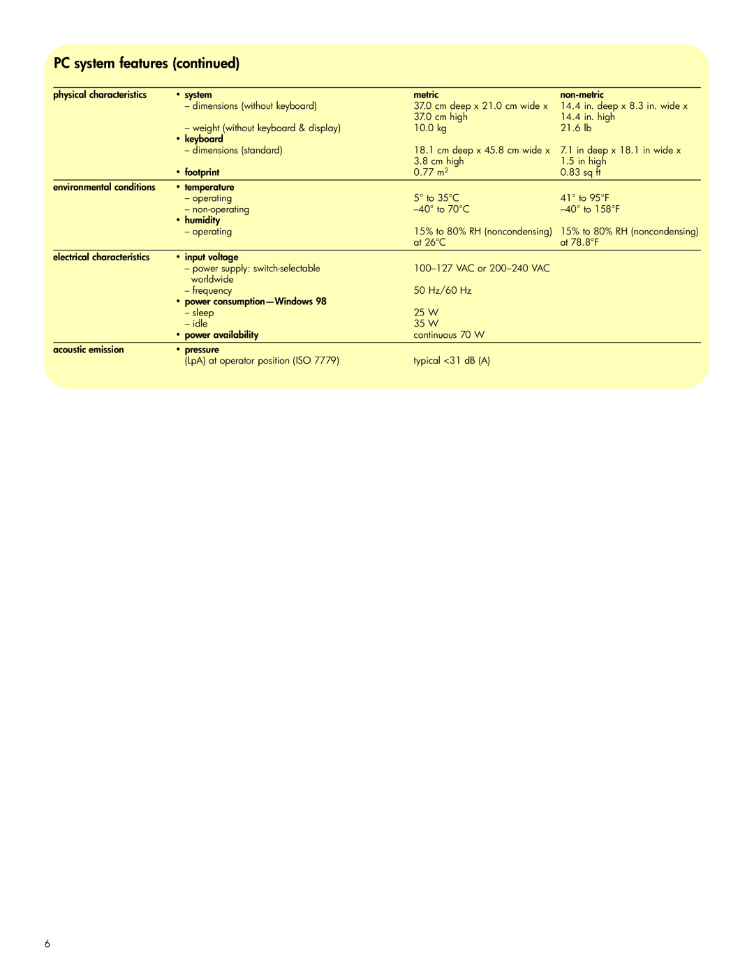 HP xe310 manual 15% to 80% RH noncondensing 