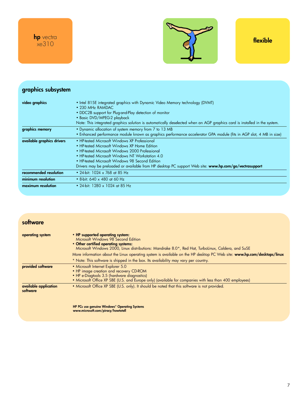 HP xe310 manual Hp vectra, Graphics subsystem, Software 
