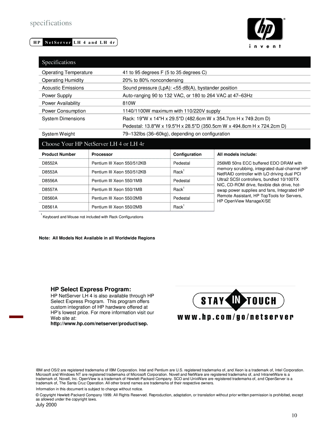 HP XLWW manual Specifications, Choose Your HP NetServer LH 4 or LH 4r 