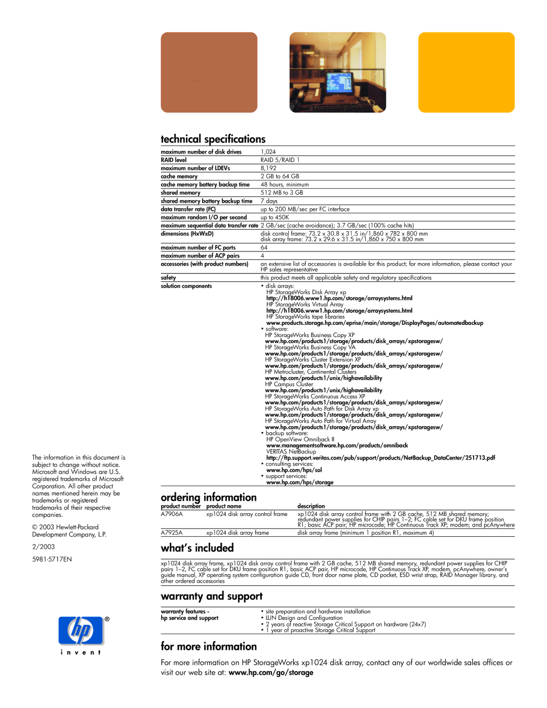 HP xp1024 manual Technical speciﬁcations, Ordering information, What’s included, Warranty and support, For more information 