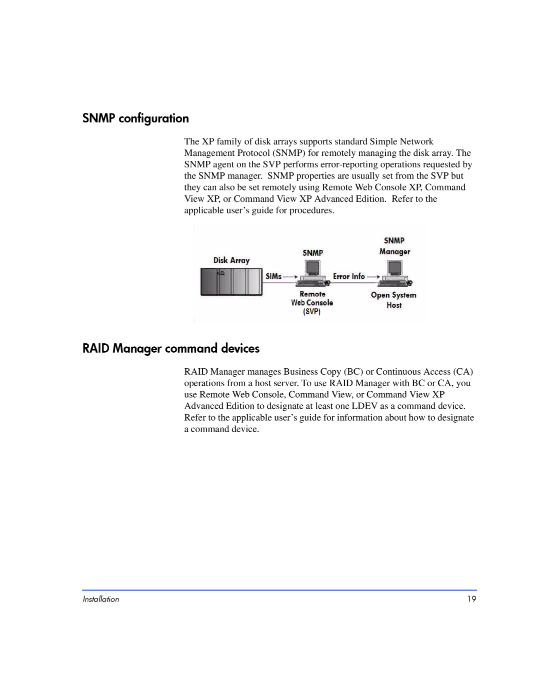 HP XP10000, XP128 manual Snmp configuration, RAID Manager command devices 