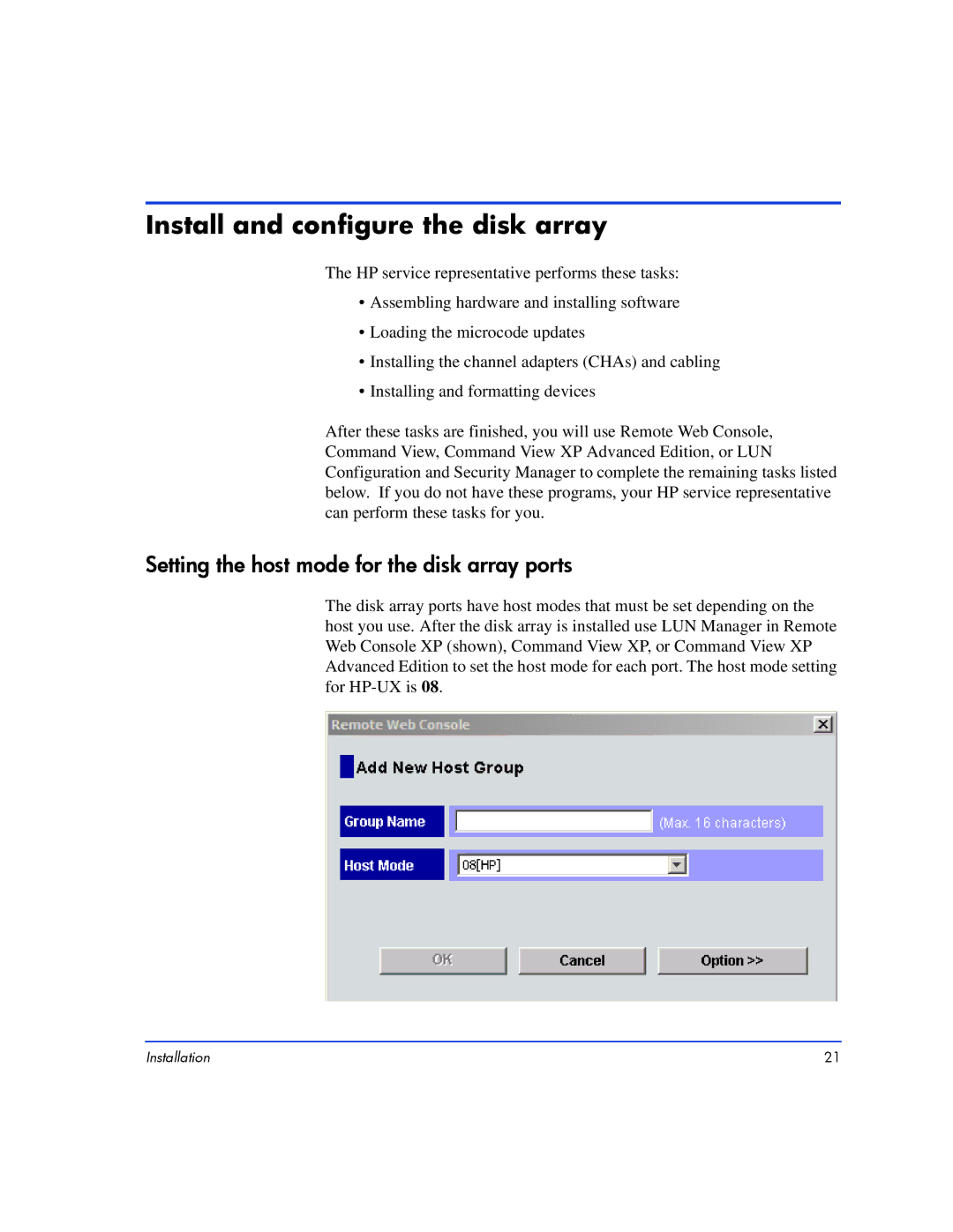 HP XP10000, XP128 manual Install and configure the disk array, Setting the host mode for the disk array ports 