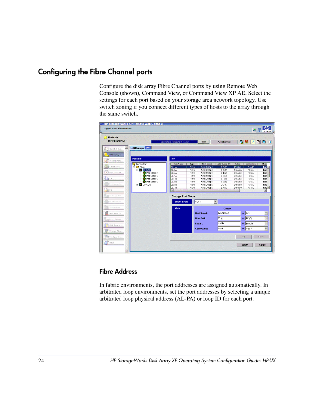 HP XP128, XP10000 manual Configuring the Fibre Channel ports, Fibre Address 