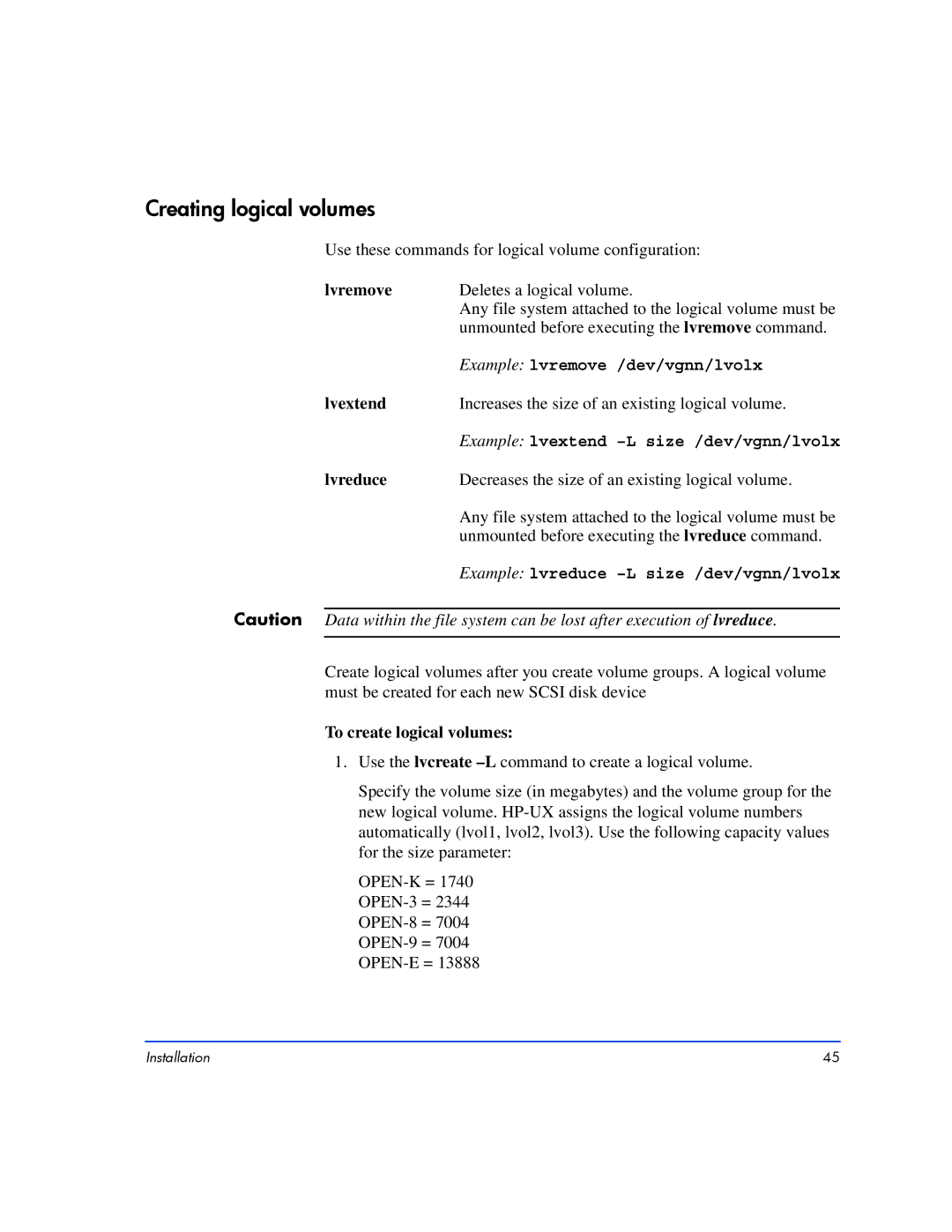 HP XP10000, XP128 manual Creating logical volumes, Lvremove, Lvextend, Lvreduce, To create logical volumes 