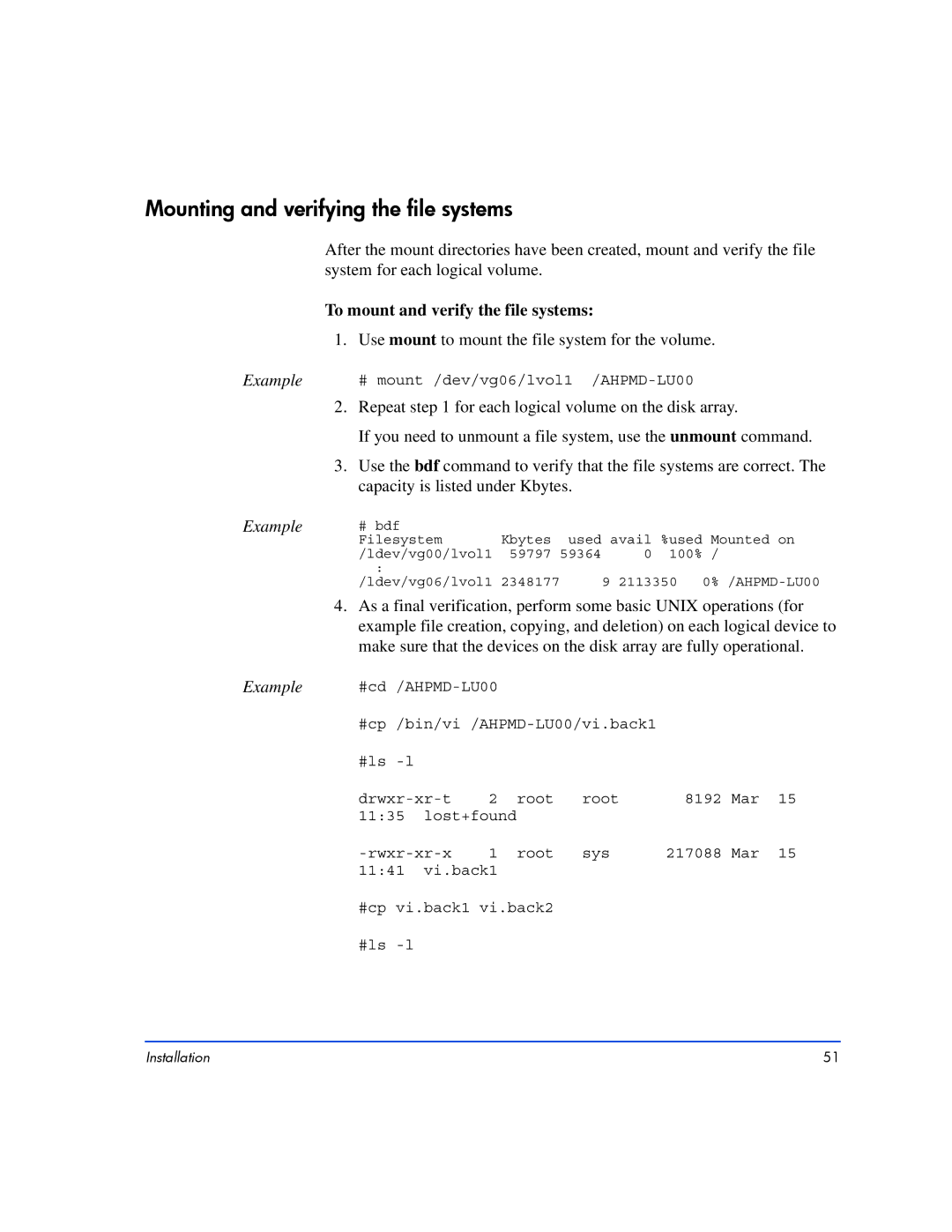 HP XP10000, XP128 manual Mounting and verifying the file systems, To mount and verify the file systems 