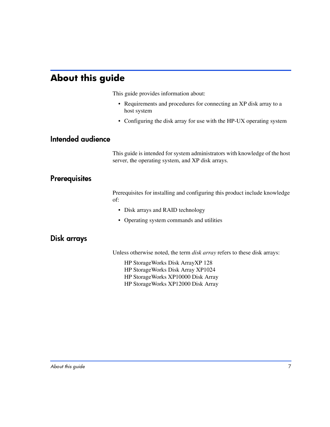 HP XP10000, XP128 manual About this guide, Intended audience, Prerequisites, Disk arrays 