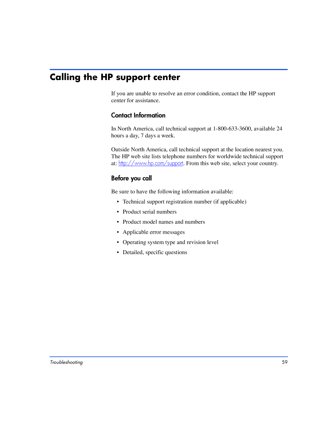 HP XP10000, XP128 manual Calling the HP support center, Contact Information 