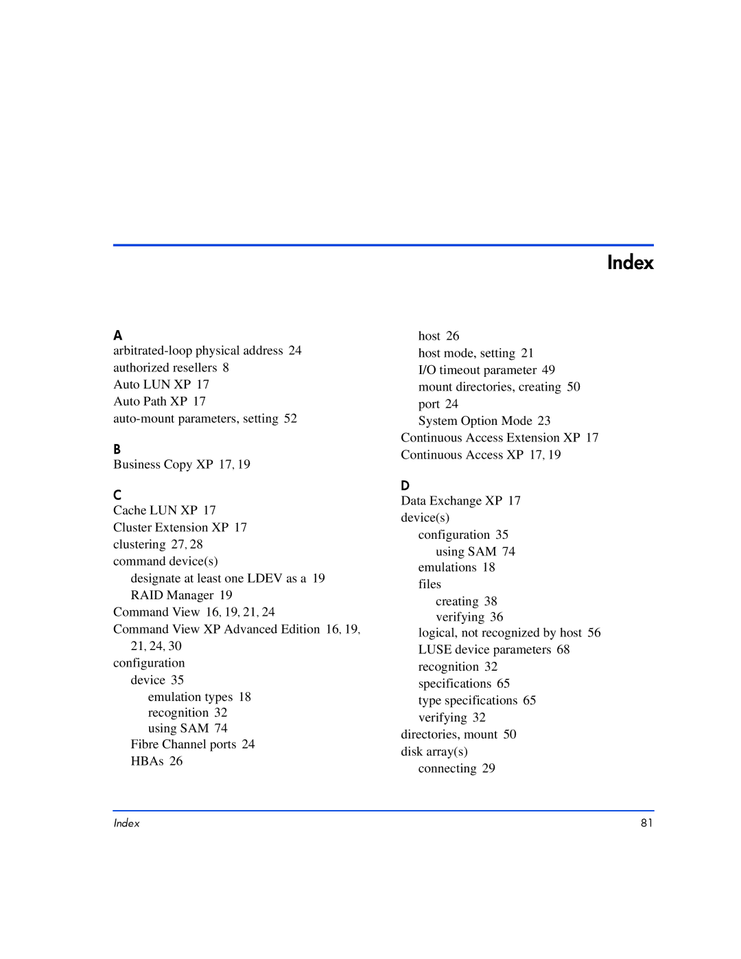 HP XP10000, XP128 manual Index 